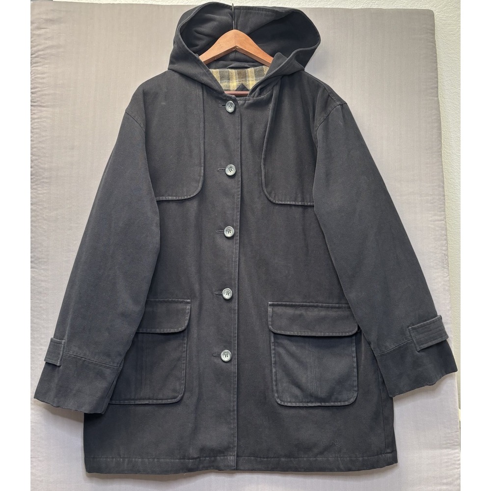 London Fog Jacket Mens XL Black Cotton Canvas Plaid Lined Hooded Field Coat Vtg